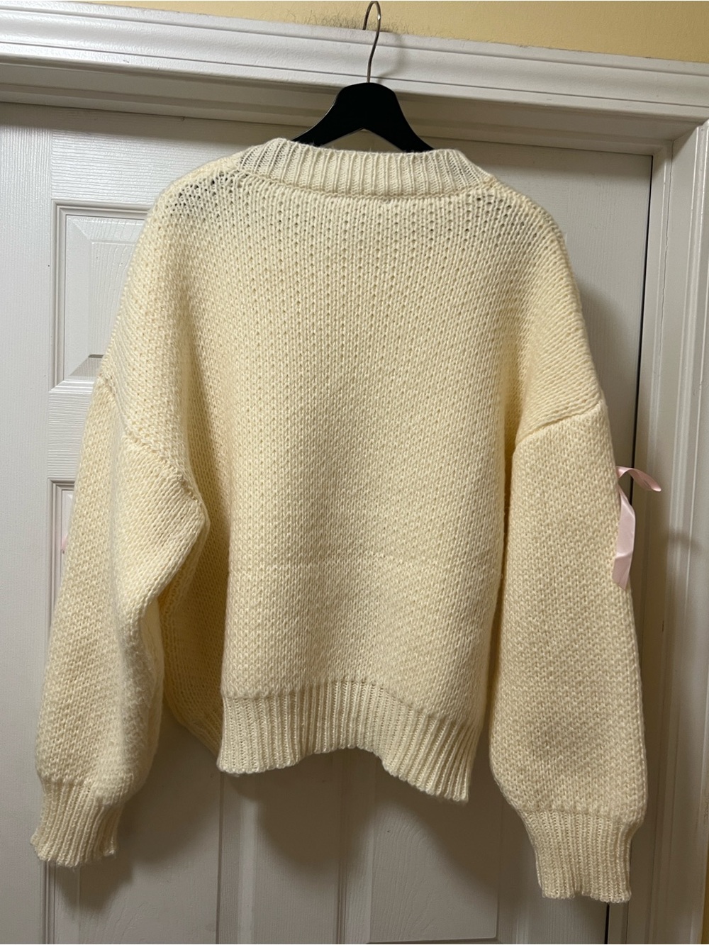 Cream Crewneck Sweater with Pink Ribbon Bows - Picture 4 of 8